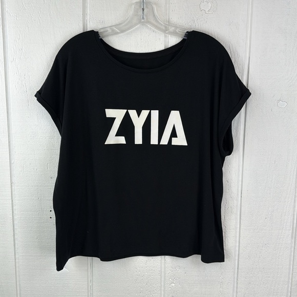 Zyia Active Women’s Size Large Black Cap Sleeve Tee with White Logo - Picture 1 of 7